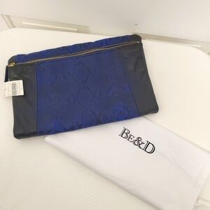 NWT BE&D Blue & Black Python Print Fold-over Zip Close Large Clutch